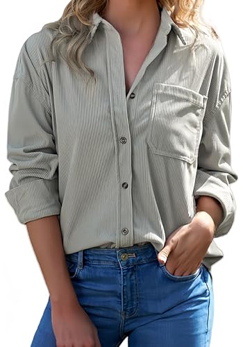 Ocean Plus Damen Herbst Cord Einfarbige Einreihig Blusen Langarm Cordhemd mit Knopfleiste Cardigan Revers Shirt (XL, Grau-grün) von Ocean Plus
