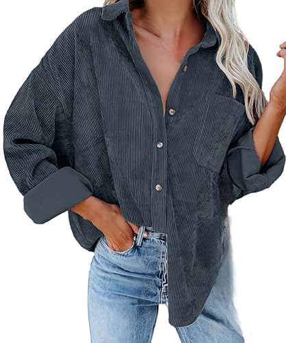 Ocean Plus Damen Herbst Cord Einfarbige Einreihig Blusen Langarm Cordhemd mit Knopfleiste Cardigan Revers Shirt (XL, Pfauenblau) von Ocean Plus