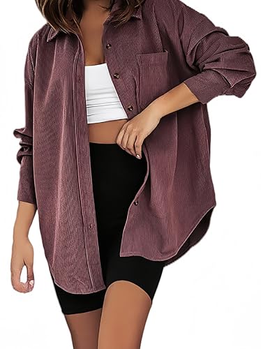 Ocean Plus Damen Herbst Cord Einfarbige Einreihig Blusen Langarm Cordhemd mit Knopfleiste Cardigan Revers Shirt (XL, Rotwein lila) von Ocean Plus