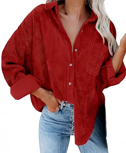 Ocean Plus Damen Herbst Cord Einfarbige Einreihig Blusen Langarm Cordhemd mit Knopfleiste Cardigan Revers Shirt (XXL, Granatapfelrot) von Ocean Plus