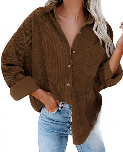 Ocean Plus Damen Herbst Cord Einfarbige Einreihig Blusen Langarm Cordhemd mit Knopfleiste Cardigan Revers Shirt (XXL, Kaffeefarbe) von Ocean Plus