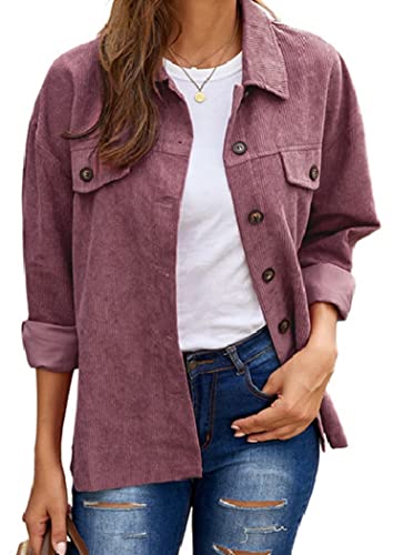 Ocean Plus Damen Herbst Cord Einfarbige Einreihig Blusen Langarm Cordhemd Cardigan Revers Shirt (XXL, Violett) von Ocean Plus