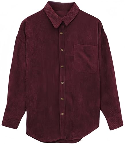 Ocean Plus Damen Herbst Cord Einfarbige Einreihig Blusen Langarm Cordhemd mit Knopfleiste Cardigan Revers Shirt (M, Lila-Rot) von Ocean Plus