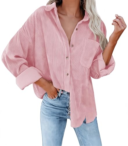 Ocean Plus Damen Herbst Cord Einfarbige Einreihig Blusen Langarm Cordhemd mit Knopfleiste Cardigan Revers Shirt (M, Pfirsichrosa) von Ocean Plus