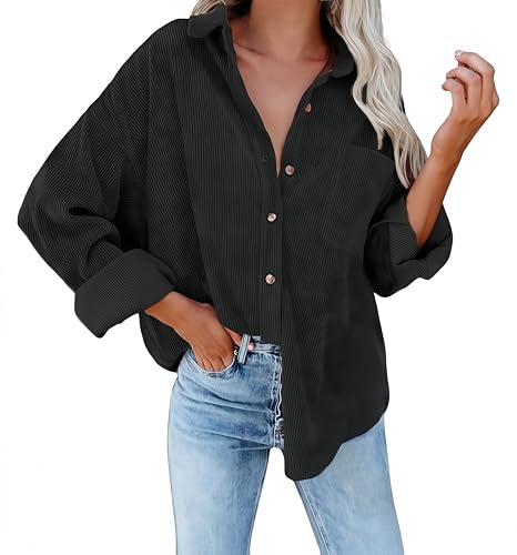 Ocean Plus Damen Herbst Cord Einfarbige Einreihig Blusen Langarm Cordhemd mit Knopfleiste Cardigan Revers Shirt (M, Schwarz) von Ocean Plus