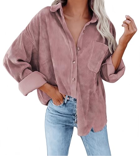 Ocean Plus Damen Herbst Cord Einfarbige Einreihig Blusen Langarm Cordhemd mit Knopfleiste Cardigan Revers Shirt (XL, Lotuswurzel rosa) von Ocean Plus