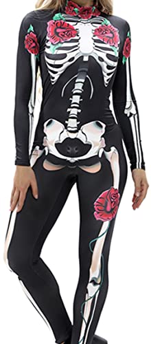 Ocean Plus Damen Herbst Dünnes Halloween Jumpsuit Kostüm Skelett Langarm Einteiliges Outfit Schädel Body mit Digitaldruck Overall Cosplay Hosen (L, Rosen Skelett) von Ocean Plus