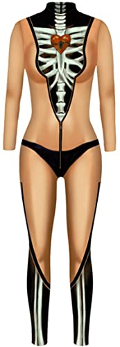 Ocean Plus Damen Herbst Dünnes Halloween Jumpsuit Kostüm Skelett Langarm Einteiliges Outfit Schädel Body mit Digitaldruck Overall Cosplay Hosen (M, Herzskelett) von Ocean Plus