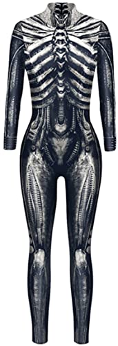 Ocean Plus Damen Herbst Dünnes Halloween Jumpsuit Kostüm Skelett Langarm Einteiliges Outfit Schädel Body mit Digitaldruck Overall Cosplay Hosen (S, Skelett aus Leder) von Ocean Plus