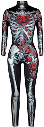 Ocean Plus Damen Herbst Dünnes Halloween Jumpsuit Kostüm Skelett Langarm Einteiliges Outfit Schädel Body mit Digitaldruck Overall Cosplay Hosen (XL, Rosenknochen) von Ocean Plus
