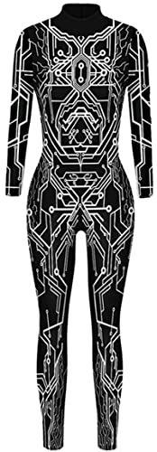 Ocean Plus Damen Herbst Dünnes Halloween Jumpsuit Kostüm Skelett Langarm Einteiliges Outfit Schädel Body mit Digitaldruck Overall Cosplay Hosen (XL, Schwarze Linien) von Ocean Plus