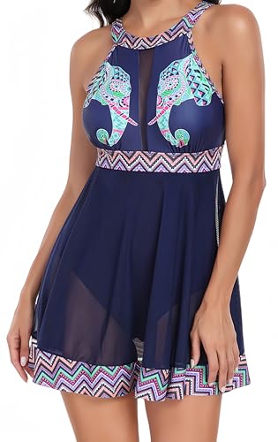 Ocean Plus Damen Hochgeschlossen Badekleid mit Schnalle Figurbetonter Badeanzug in Netzform Rückenfrei Mesh Neckholder One Piece Bademode (M (EU 36-38), Elefant) von Ocean Plus