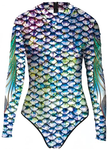 Ocean Plus Damen Hoher Kragen Digitaldruck Rückseitenreißverschluss Highcut Langarm Einteiliger Badeanzug (S/M (Länge: 72 cm), Meerjungfrau) von Ocean Plus