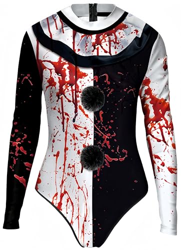 Ocean Plus Damen Hoher Kragen Digitaldruck Rückseitenreißverschluss Highcut Langarm Einteiliger Badeanzug (S/M (Länge: 72 cm), Schneemannanzug mit Blut) von Ocean Plus