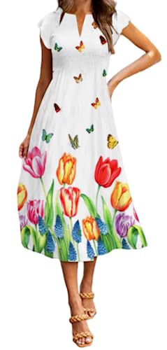 Ocean Plus Damen Kleid mit Kurzen Ärmeln und Langem Rock Freizeitkleid mit Blumenmuster und Weitem Saum im Boho-Stil für den Strand (XL, Bunte Tulpen) von Ocean Plus