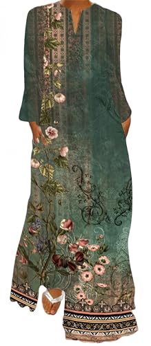 Ocean Plus Damen Kleid mit Langem Rock mit V-Ausschnitt Langen Ärmeln Taschen Langärmeliges Lockeres Kleid (3XL, Retro Gemälde) von Ocean Plus