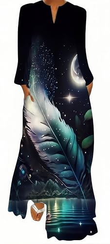 Ocean Plus Damen Kleid mit Langem Rock mit V-Ausschnitt Langen Ärmeln Taschen Langärmeliges Lockeres Kleid (5XL, Feder unter dem Mondlicht) von Ocean Plus