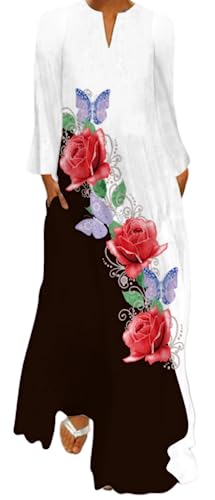 Ocean Plus Damen Kleid mit Langem Rock mit V-Ausschnitt Langen Ärmeln Taschen Langärmeliges Lockeres Kleid (L, Rotblumen Lila Schmetterlinge) von Ocean Plus