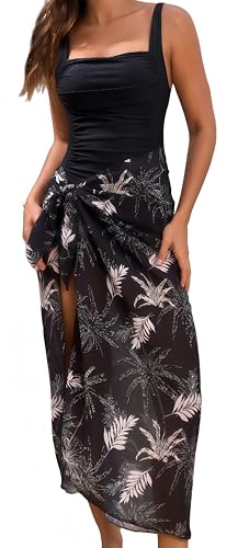 Ocean Plus Damen Kleine Blumen Badeanzug Einteiler Set Dreiteiliger Badeanzug-Set Pareos Bademode Cover Up (M (EU 36-38), Schwarz-Set) von Ocean Plus