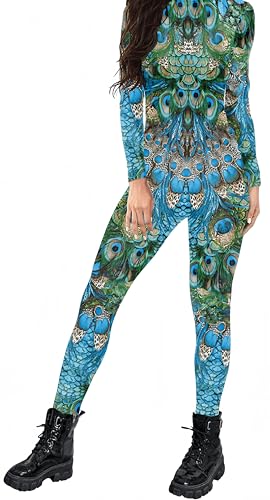 Ocean Plus Damen Langarm Digitaldruck Ganzkörper Jumpsuit mit Reißverschluss Hoher Hals Gedruckter Overall (L, Pfau) von Ocean Plus