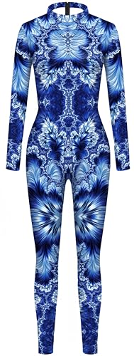 Ocean Plus Damen Langarm Digitaldruck Ganzkörper Jumpsuit mit Reißverschluss Hoher Hals Gedruckter Overall (M, Blaues und weißes Porzellan) von Ocean Plus