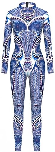 Ocean Plus Damen Langarm Digitaldruck Ganzkörper Jumpsuit mit Reißverschluss Hoher Hals Gedruckter Overall (S, Blaues Blumenmuster) von Ocean Plus