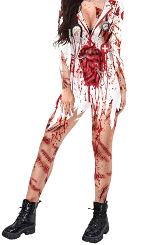 Ocean Plus Damen Langarm Digitaldruck Ganzkörper Jumpsuit mit Reißverschluss Hoher Hals Gedruckter Overall (S, Blutbefleckter Krankenschwesternkittel) von Ocean Plus