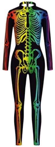 Ocean Plus Damen Langarm Digitaldruck Ganzkörper Jumpsuit mit Reißverschluss Hoher Hals Gedruckter Overall (S, Regenbogenfarbenes Skelett 2) von Ocean Plus