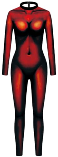 Ocean Plus Damen Langarm Digitaldruck Ganzkörper Jumpsuit mit Reißverschluss Hoher Hals Gedruckter Overall (XL, Dunkelrot) von Ocean Plus