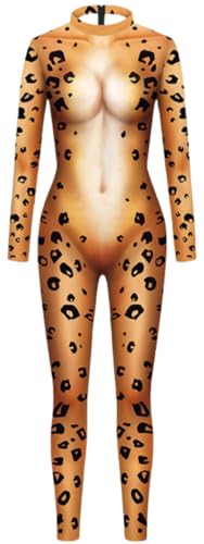 Ocean Plus Damen Langarm Digitaldruck Ganzkörper Jumpsuit mit Reißverschluss Hoher Hals Gedruckter Overall (XL, Leopard) von Ocean Plus