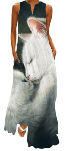 Ocean Plus Damen Langer Rock Vintage Druck Kleid mit V-Ausschnitt Ärmellose Tasche Sommerkleid (3XL, Weiße Katzen) von Ocean Plus