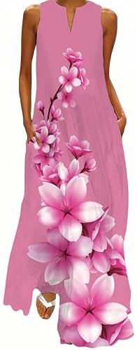 Ocean Plus Damen Langer Rock Vintage Druck Kleid mit V-Ausschnitt Ärmellose Tasche Sommerkleid (4XL, Rosa Blumen) von Ocean Plus