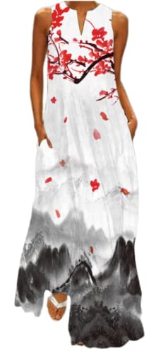 Ocean Plus Damen Langer Rock Vintage Druck Kleid mit V-Ausschnitt Ärmellose Tasche Sommerkleid (4XL, Tuschemalerei Pflaumenblüten) von Ocean Plus