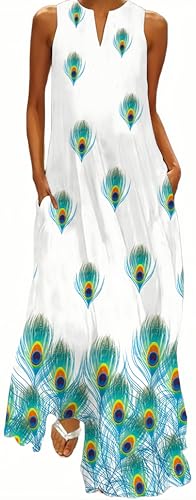 Ocean Plus Damen Langer Rock Vintage Druck Kleid mit V-Ausschnitt Ärmellose Tasche Sommerkleid (L, Grüne Pfauenfedern) von Ocean Plus