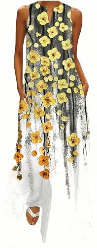 Ocean Plus Damen Langer Rock Vintage Druck Kleid mit V-Ausschnitt Ärmellose Tasche Sommerkleid (L, Ölgemälde von kleinen gelben Blumen) von Ocean Plus