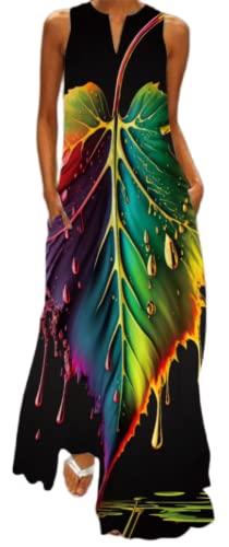 Ocean Plus Damen Langer Rock Vintage Druck Kleid mit V-Ausschnitt Ärmellose Tasche Sommerkleid (M, EIN buntes Blatt) von Ocean Plus