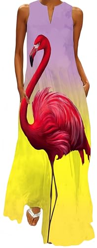 Ocean Plus Damen Langer Rock Vintage Druck Kleid mit V-Ausschnitt Ärmellose Tasche Sommerkleid (M, Flamingo) von Ocean Plus