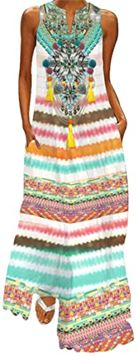 Ocean Plus Damen Maxikleid Vintage-Bedruckte Sommerkleid für Mehrfarbiges Langes Ärmelloses Kleid in Mehrfarben mit V-Ausschnitt (4XL, Tribal gestreifter Schmuck) von Ocean Plus