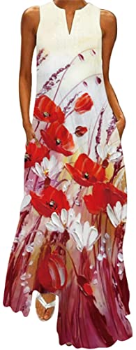 Ocean Plus Damen Maxikleid Vintage-Bedruckte Sommerkleid für Mehrfarbiges Langes Ärmelloses Kleid in Mehrfarben mit V-Ausschnitt (L, Rote Ölgemälde Blumen) von Ocean Plus