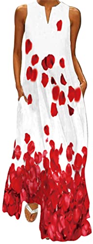 Ocean Plus Damen Maxikleid Vintage-Bedruckte Sommerkleid für Mehrfarbiges Langes Ärmelloses Kleid in Mehrfarben mit V-Ausschnitt (M, Rote Blütenblätter) von Ocean Plus
