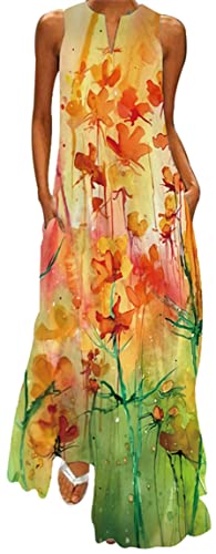 Ocean Plus Damen Maxikleid Vintage-Bedruckte Sommerkleid für Mehrfarbiges Langes Ärmelloses Kleid in Mehrfarben mit V-Ausschnitt (XL, Orangenblütenmalerei) von Ocean Plus