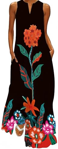 Ocean Plus Damen Maxikleid Vintage-Bedruckte Sommerkleid für Mehrfarbiges Langes Ärmelloses Kleid in Mehrfarben mit V-Ausschnitt (XL, Rote Blüten) von Ocean Plus