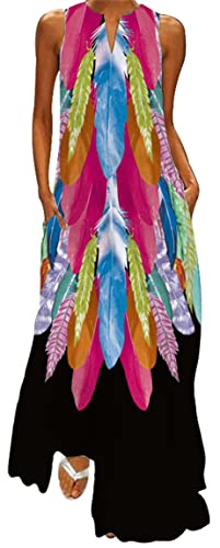 Ocean Plus Damen Maxikleid Vintage-Bedruckte Sommerkleid für Mehrfarbiges Langes Ärmelloses Kleid in Mehrfarben mit V-Ausschnitt (XL, Schwarze Stammesfedern) von Ocean Plus