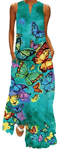 Ocean Plus Damen Maxikleid Vintage-Bedruckte Sommerkleid für Mehrfarbiges Langes Ärmelloses Kleid in Mehrfarben mit V-Ausschnitt (XXL, Aquagrüne Bunte Schmetterlinge) von Ocean Plus