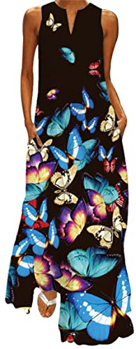 Ocean Plus Damen Maxikleid Vintage-Bedruckte Sommerkleid für Mehrfarbiges Langes Ärmelloses Kleid in Mehrfarben mit V-Ausschnitt (XXL, Bunte Blaue Schmetterlinge) von Ocean Plus