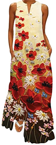 Ocean Plus Damen Maxikleid Vintage-Bedruckte Sommerkleid für Mehrfarbiges Langes Ärmelloses Kleid in Mehrfarben mit V-Ausschnitt (XXL, Orange Ölgemälde Blumen) von Ocean Plus