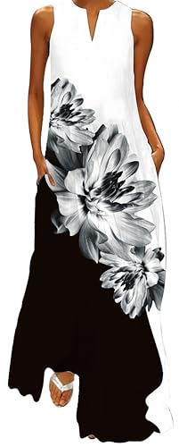 Ocean Plus Damen Maxikleid Vintage-Bedruckte Sommerkleid für Mehrfarbiges Langes Ärmelloses Kleid in Mehrfarben mit V-Ausschnitt (XXL, Schwarz-Weiß-Tuschemalerei Blumen) von Ocean Plus