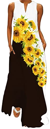 Ocean Plus Damen Maxikleid Vintage-Bedruckte Sommerkleid für Mehrfarbiges Langes Ärmelloses Kleid in Mehrfarben mit V-Ausschnitt (XXL, Schwarze und weiße Sonnenblumen) von Ocean Plus