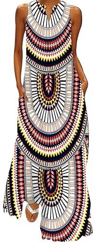 Ocean Plus Damen Maxikleid Vintage-Bedruckte Sommerkleid für Mehrfarbiges Langes Ärmelloses Kleid in Mehrfarben mit V-Ausschnitt (XXL, Stammeskleidung) von Ocean Plus
