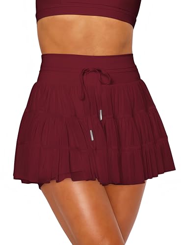 Ocean Plus Damen Minirock mit Innenshorts Mesh Rock Netz Kurzer Rock Einfarbig Faltenrock mit Tunnelzug (L (EU 36-38), Weinrot) von Ocean Plus